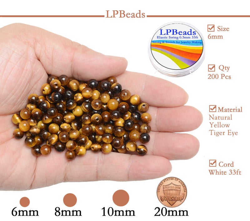 LPBeads 200Pcs Polished 6mm Round Natural Yellow Tiger Eye Gemstone Loose Beads with Stretch Cord for Jewelry Making Bracelets - Image 2